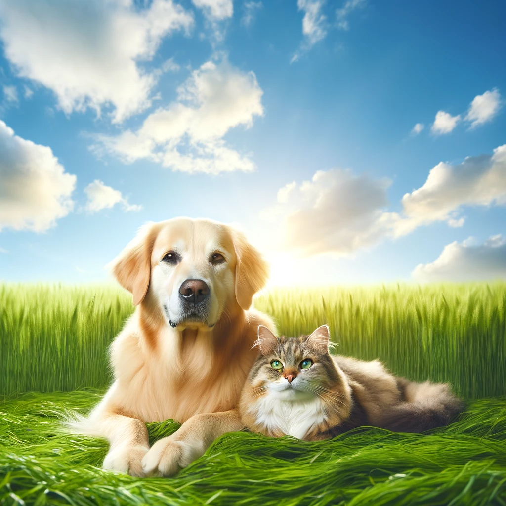 dog and cat laying in field