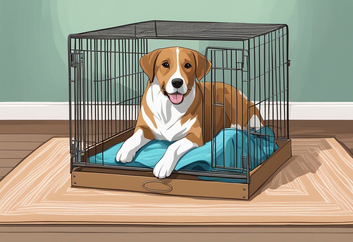 A dog in a crate, with a chew toy and water bowl inside. 