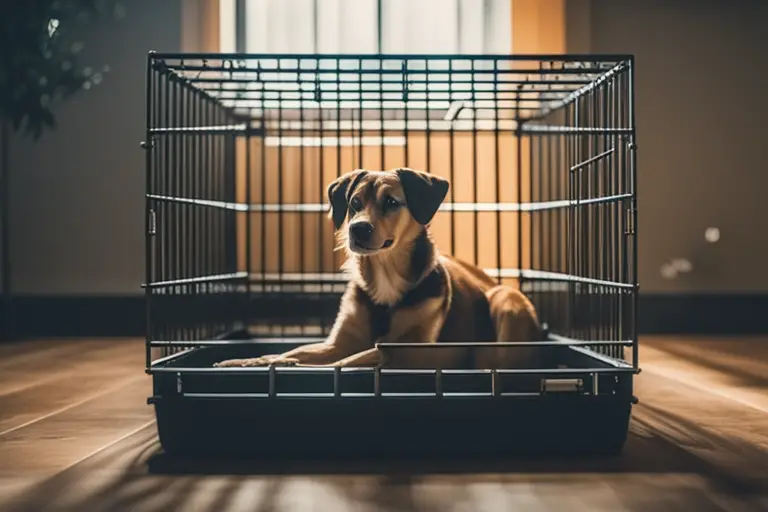 A dog in a crate or playpen