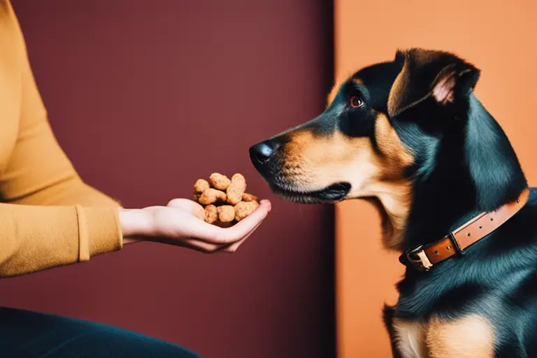 A dog receiving a treat as a reward for good behavior
