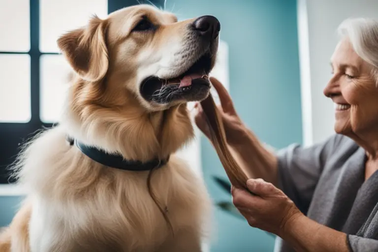 Image of an older dog being groomed or receiving affection from its owner