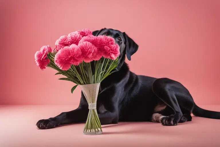 Image of a dog looking at a bouquet of carnations