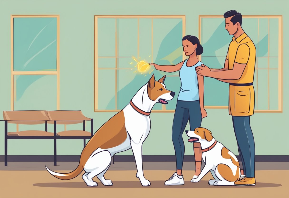 A dog trainer uses positive reinforcement to redirect aggressive behavior, preventing dog bites