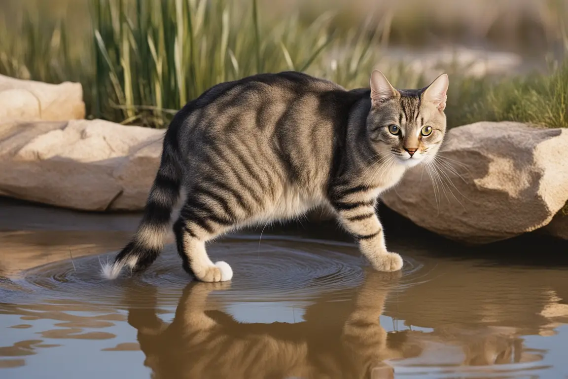 American Bobtail cat exploring a water source