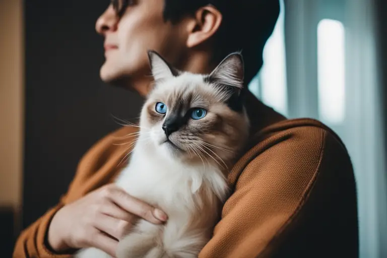 Image of a Birman cat cuddling with its owner in an apartment