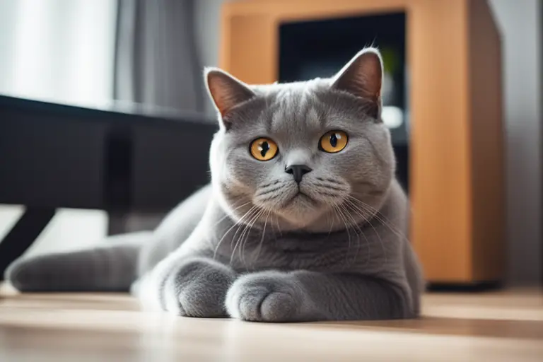 Image of a British Shorthair cat engaging in interactive play in an apartment