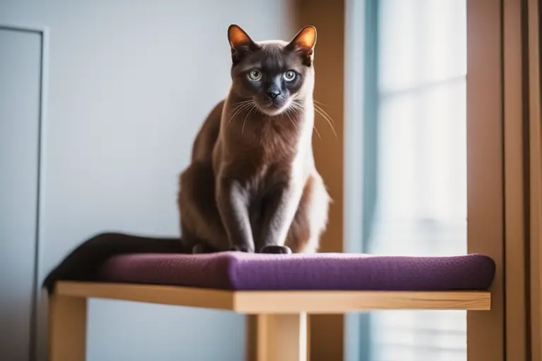 Image of a Burmese cat on a cat tree in an apartment