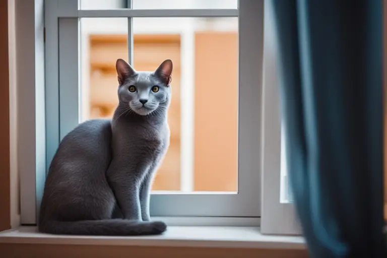 Image of a Russian Blue cat in a cozy apartment nook