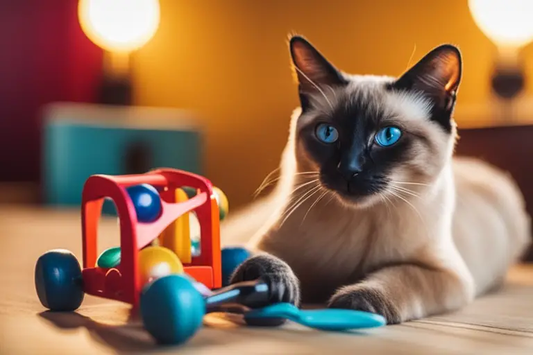 Image of a Siamese cat engaging with apartment-friendly toys
