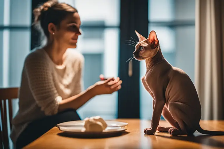 Image of a Sphynx cat engaging with its owner in an apartment