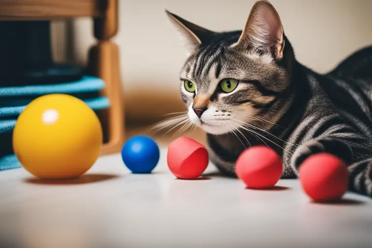 Image of an American Shorthair cat with toys in an apartment