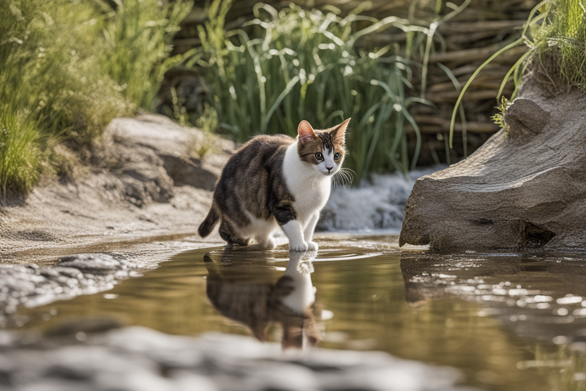 Manx cat exploring a water source