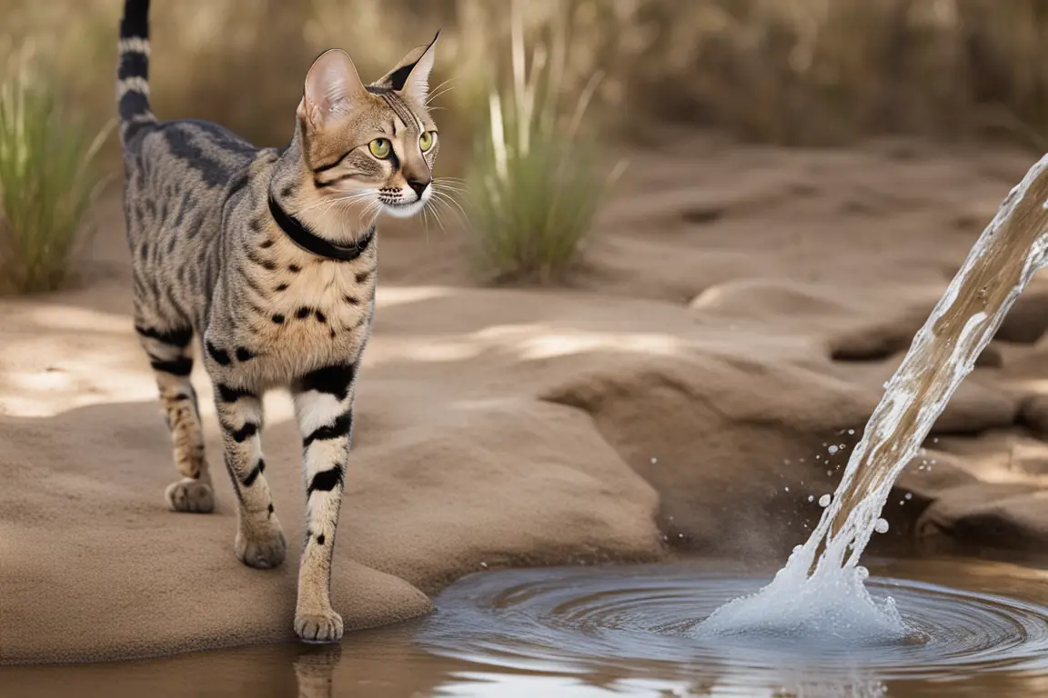 Savannah cat exploring a water source