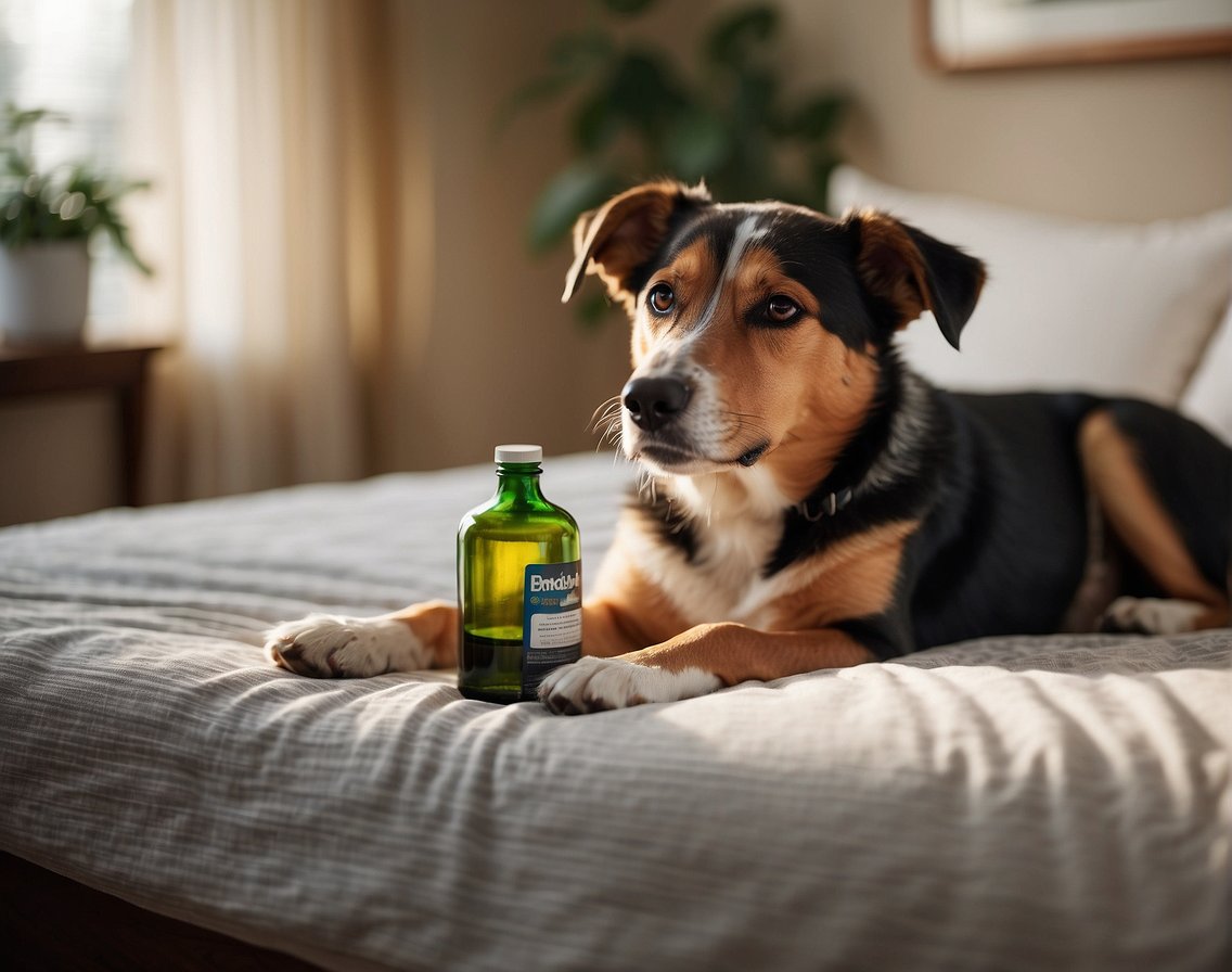 A drowsy dog lies on a cozy bed, with a half-open bottle of Benadryl nearby