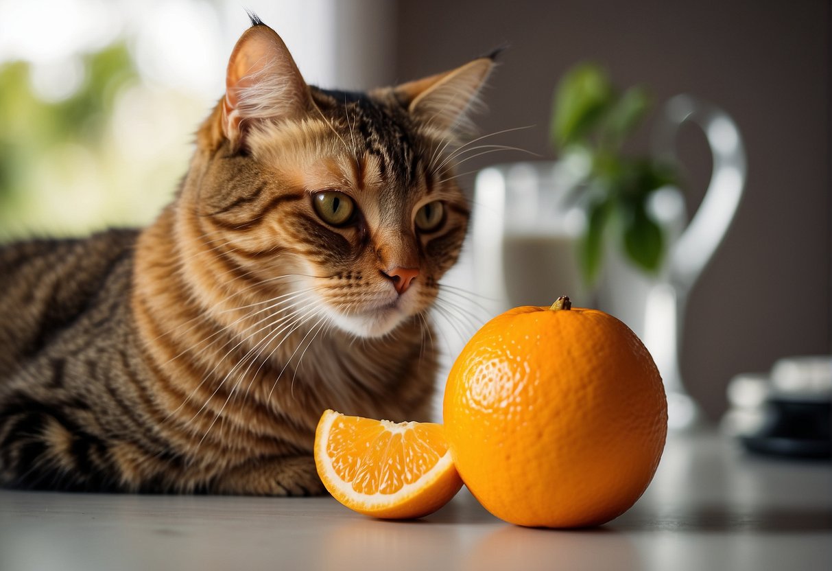 An orange sits on a table next to a curious cat. The cat sniffs the fruit, creating a sense of potential health effects