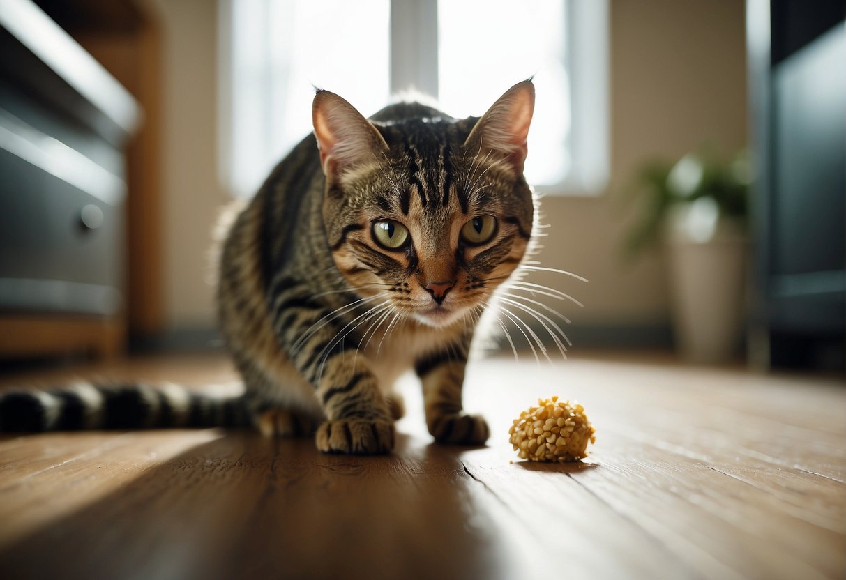 A cat regurgitates its food onto the floor