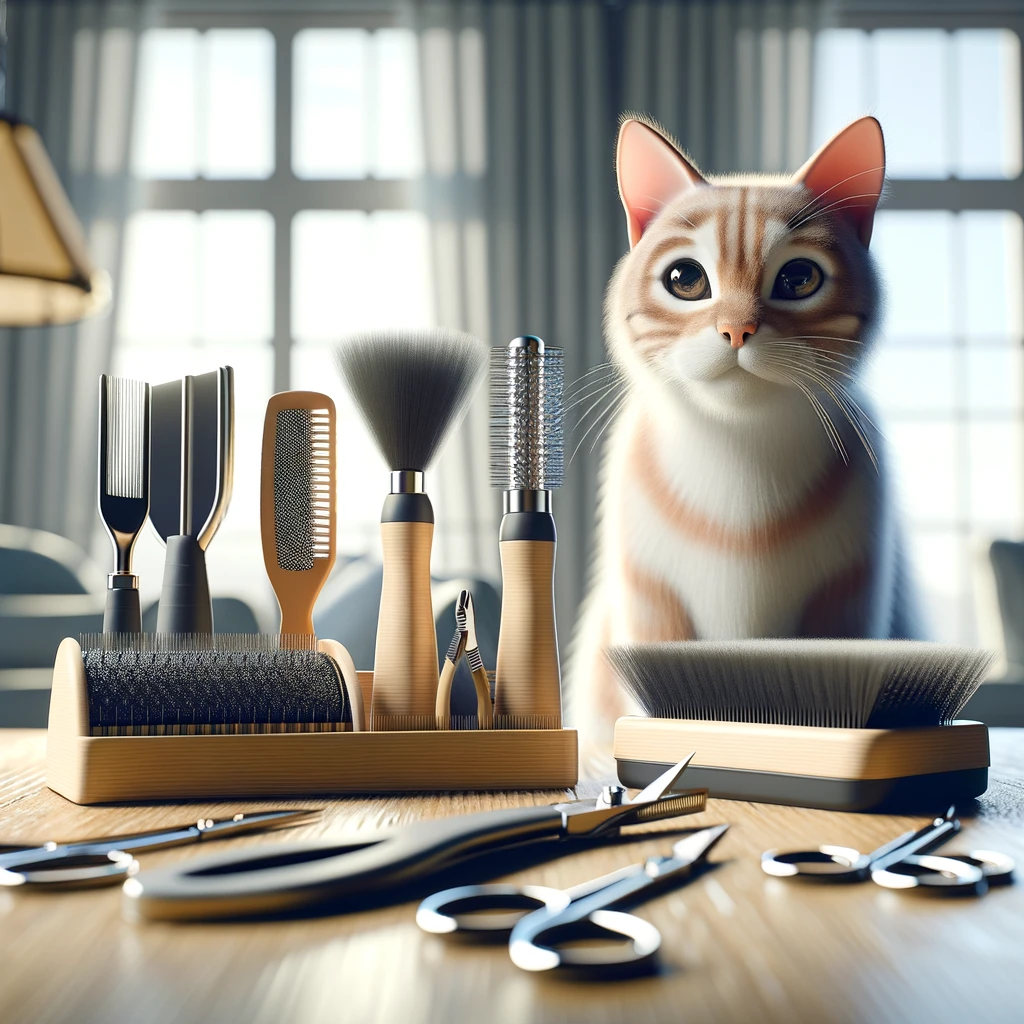 cat with grooming tools
