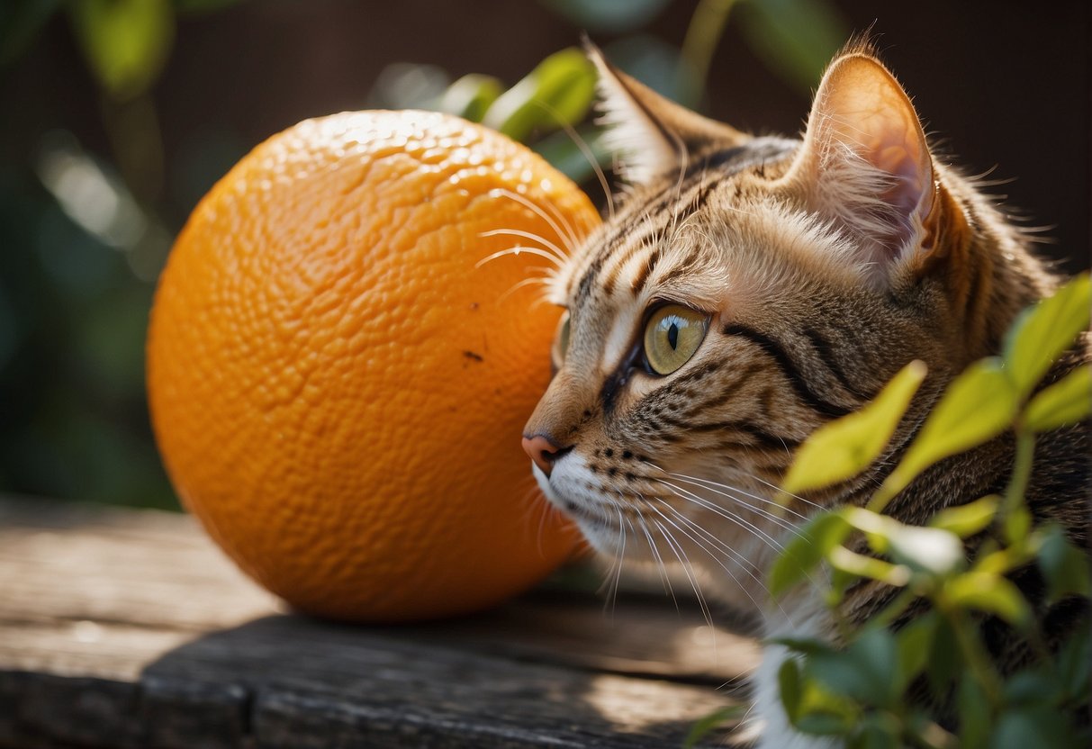 A cat sniffs an orange cautiously, its ears perked up in curiosity