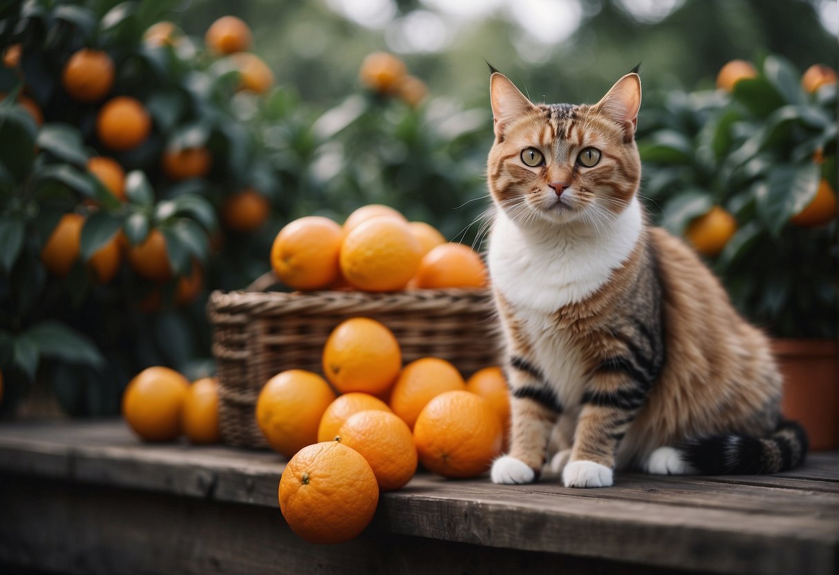 A cat surrounded by oranges, looking curious but cautious