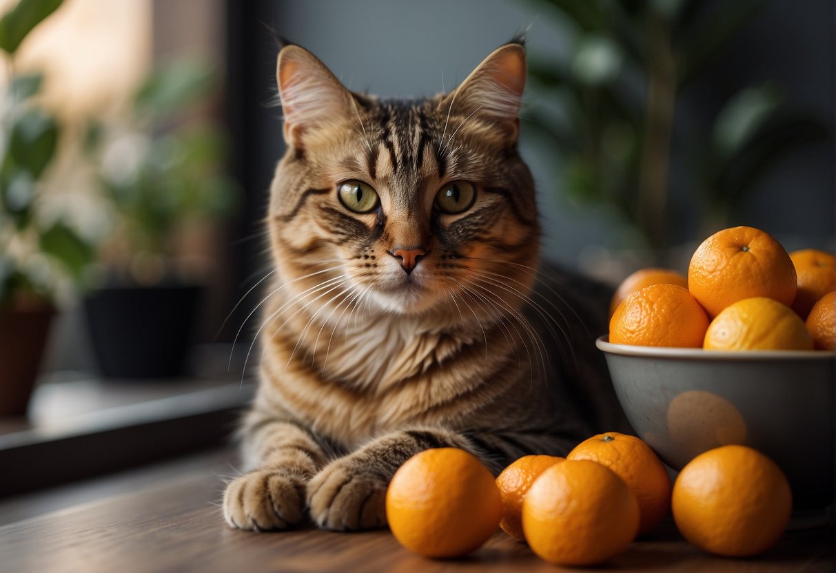 A cat sits next to a bowl of oranges, looking curious but not consuming them. The cat's food and water bowls are nearby, filled with appropriate food and fresh water