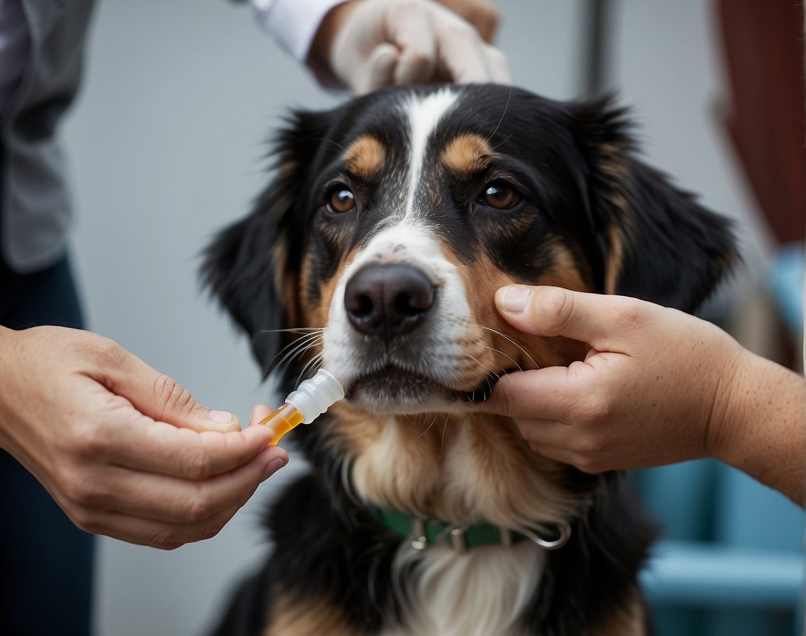 A dog is being given a dose of Benadryl by a person. The person is holding a syringe and administering the medication to the dog's mouth
