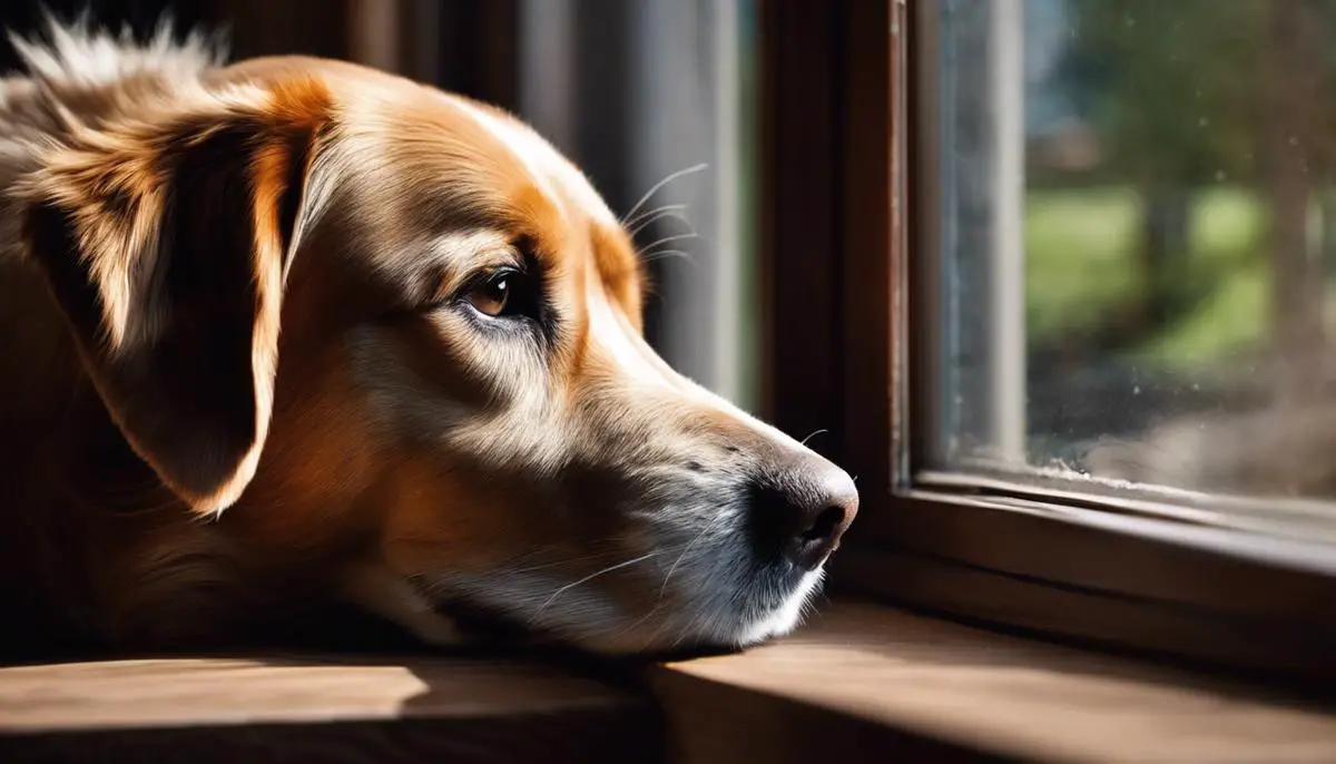 Image depicting a dog cautiously looking outside a window with a worried expression