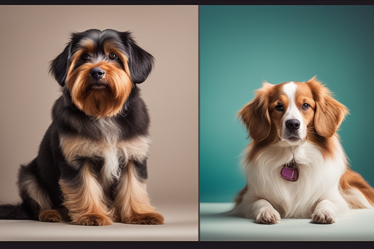 A before and after photo of a well-groomed dog