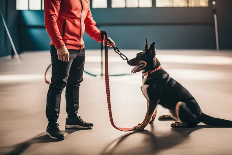 A certified dog trainer working with a dog on leash training