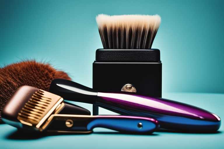 A collection of grooming tools such as brushes