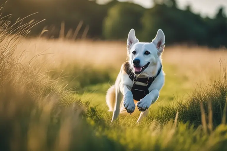 A happy dog playing in a grassy field