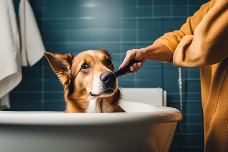 A photo of a dog being brushed after a bath