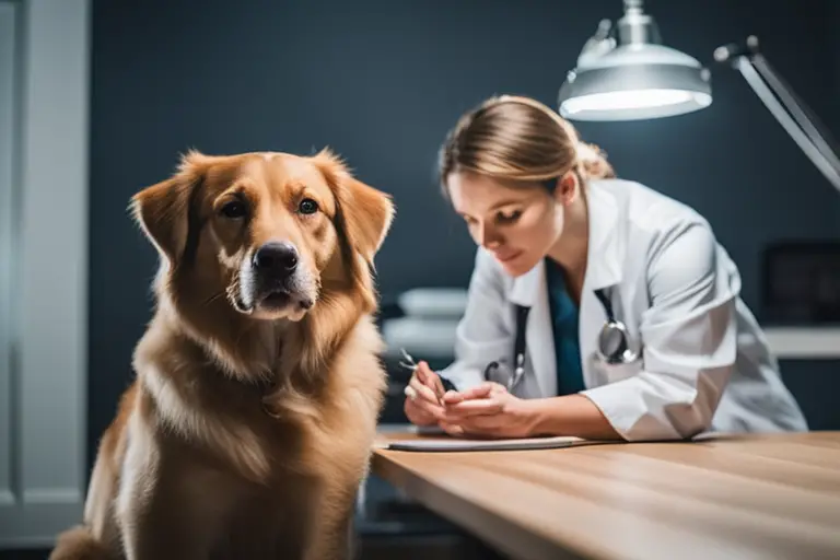 A photo of a dog owner consulting with a veterinarian