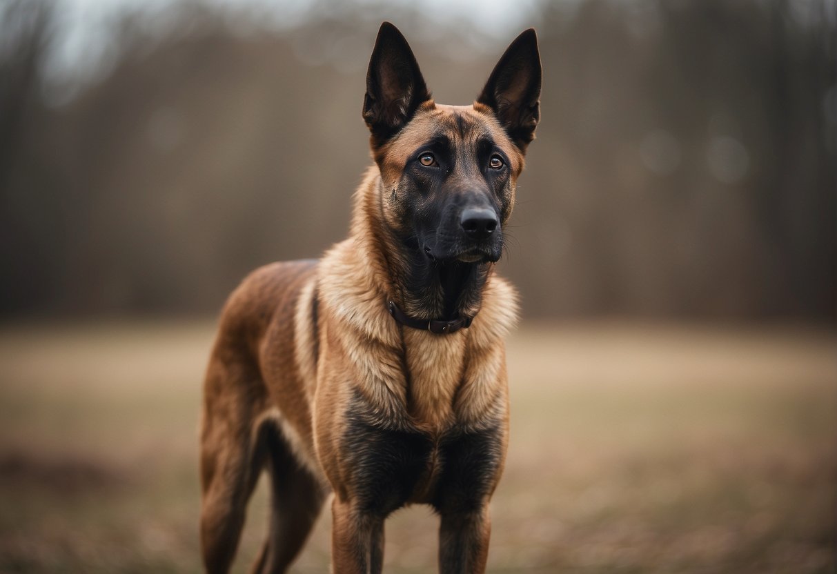 A Belgian Malinois stands alert, ears perked, with a sleek, muscular build and a short, fawn-colored coat