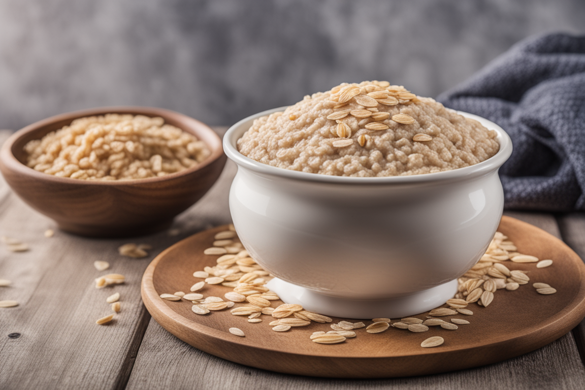 Bowl of plain cooked oatmeal ready for a dog's breakfast