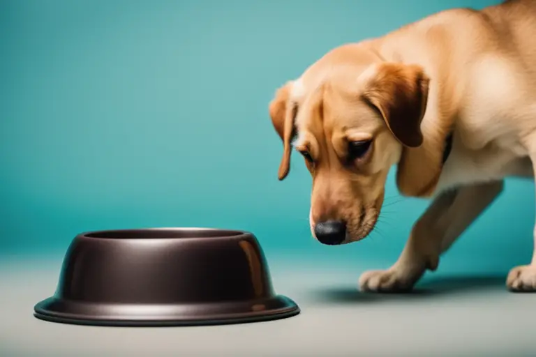 Image of a dog turning away from its food bowl
