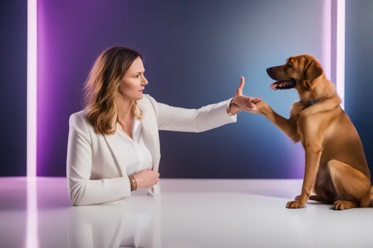 Owner communicating with a dog using hand signals