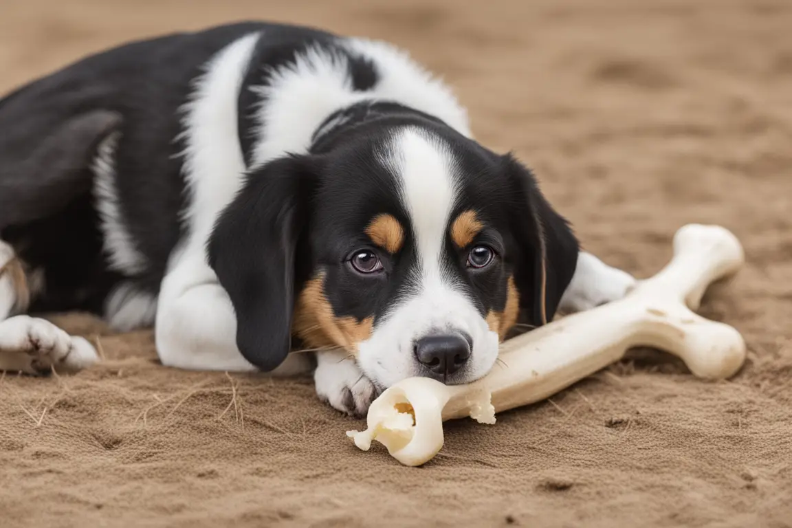 a photo image of a dog chewing on a bone