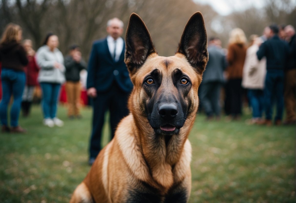 A Belgian Malinois stands confidently, surrounded by question marks and curious onlookers