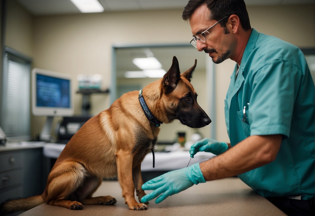 A Belgian Malinois dog is being cared for by a veterinarian, receiving a check-up and vaccines
