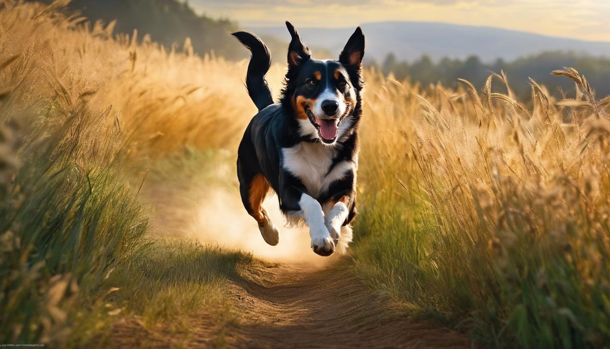 A joyful dog running in a field, filled with excitement and happiness.