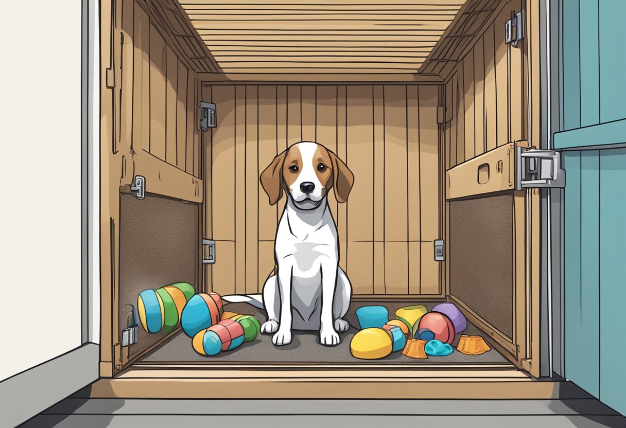 A dog confidently enters a spacious crate with an open door, surrounded by toys and treats, while the owner observes from a distance