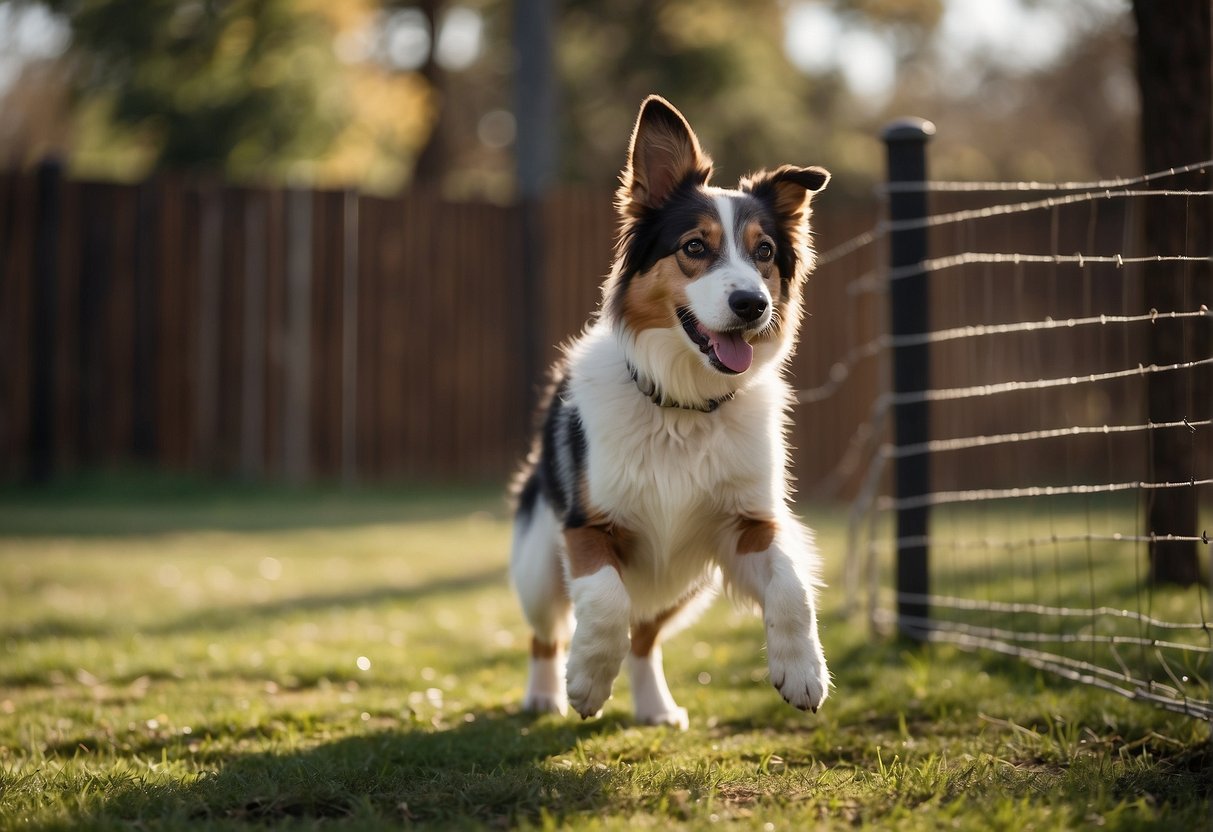Dogs are playing in a secure yard with a tall, sturdy fence. The fence has angled inward extensions at the top to prevent climbing