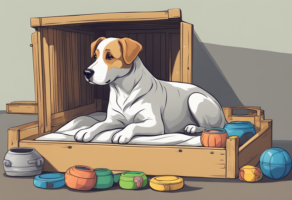 A dog sits patiently next to an open crate, with a cozy bed inside. A bowl of water and some toys are nearby, ready for the training session