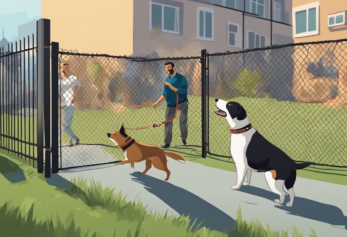 A dog barking aggressively at another dog while being restrained by a leash, with a fence separating them. People in the background are walking by, some with dogs on leashes