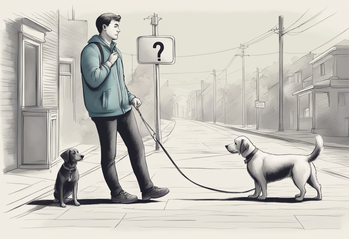 A dog with a wagging tail approaches a person, while another dog stands nearby with a tense body posture. The person is holding a leash and appears to be asking a question, while a sign in the background lists 