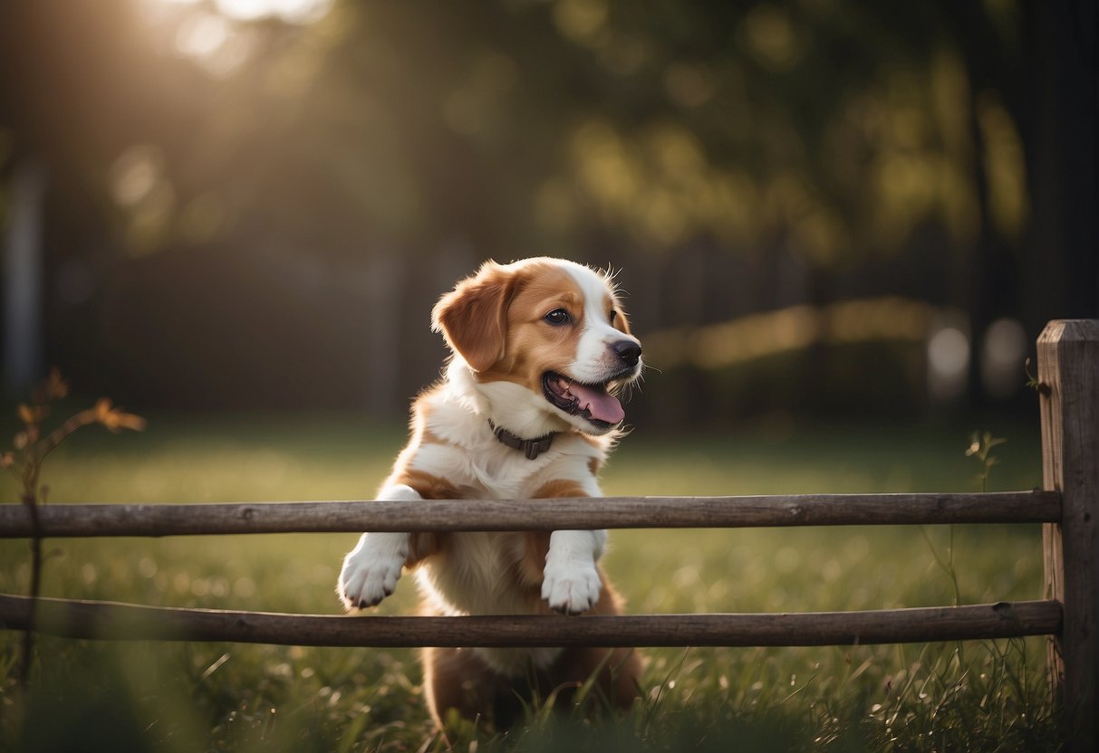 A dog attempting to climb a fence, with paws reaching up and a determined expression