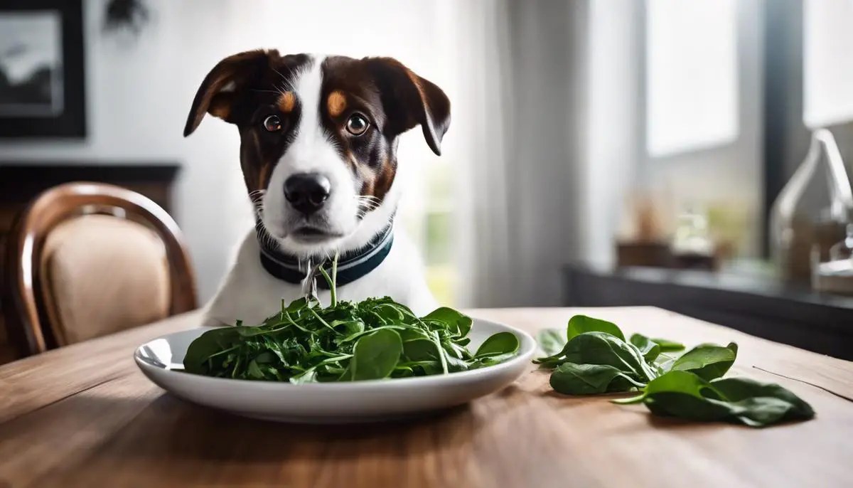 Image of a dog happily eating spinach