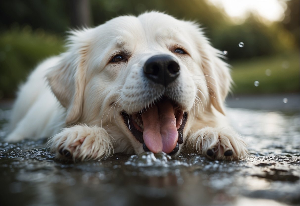 A white dog is vomiting foamy liquid
