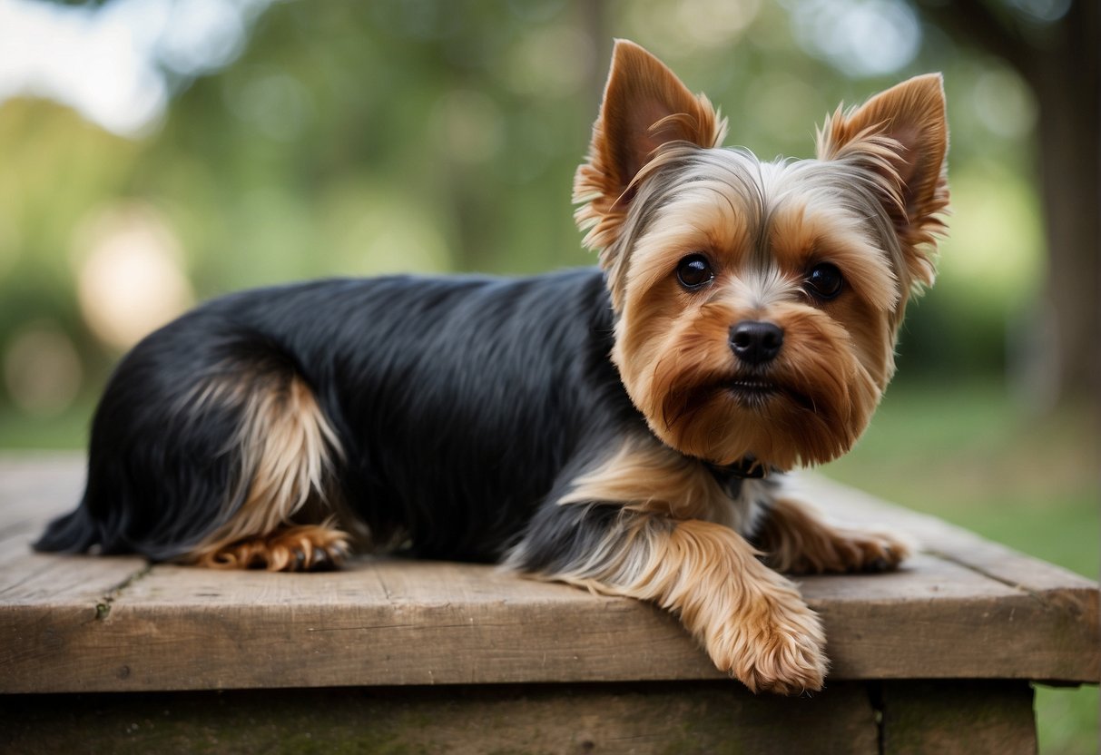A Yorkie sits attentively, ears perked, eyes focused. It looks alert and engaged, showcasing its intelligence