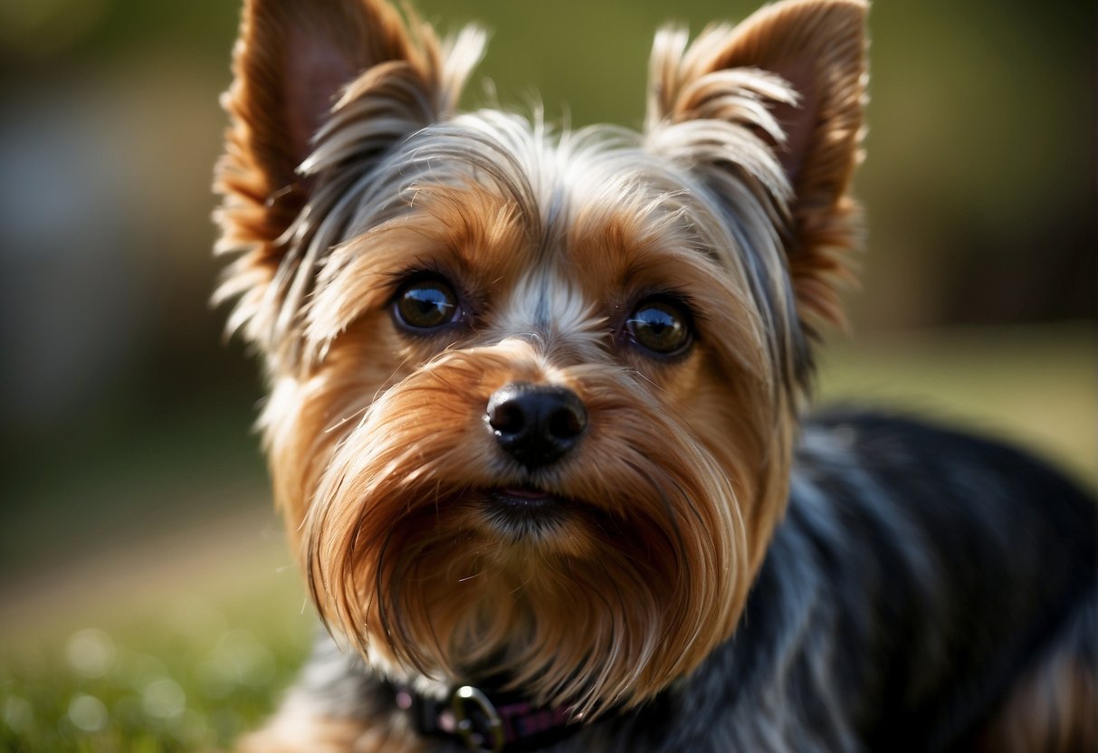 A yorkie sits attentively, ears perked and eyes focused, displaying intelligence and alertness